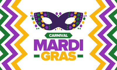 Mardi Gras Carnival in New Orleans. Fat Tuesday. Traditional folk festival with parade and celebration. Annual holiday. Costume masquerade, fun party. Carnival mask. Poster, card, banner. Vector