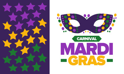 Mardi Gras Carnival in New Orleans. Fat Tuesday. Traditional folk festival with parade and celebration. Annual holiday. Costume masquerade, fun party. Carnival mask. Poster, card, banner. Vector