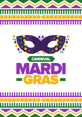 Mardi Gras Carnival in New Orleans. Fat Tuesday. Traditional folk festival with parade and celebration. Annual holiday. Costume masquerade, fun party. Carnival mask. Poster, card, banner. Vector