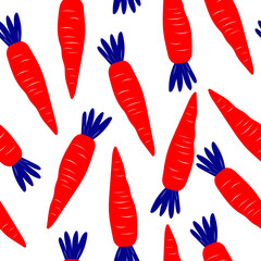 Cute carrot isolated on white background. Seamless pattern with organic vegetables. For textile and paper products. 