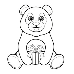Coloring page. Cute and happy panda with gift box
