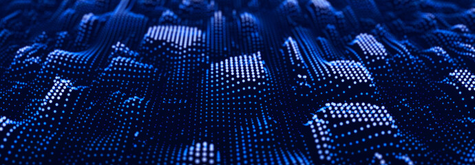 Particle stream. Blue wave background with many glowing particles. Information technology background. 3d rendering.