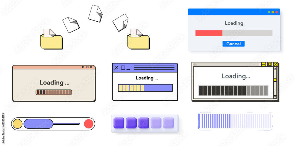 Poster A set of Data loading window with a progress indicator on a white background. Retro download bar, alert window mock up in classic style. Backing up documents in the old interface. Vector illustration