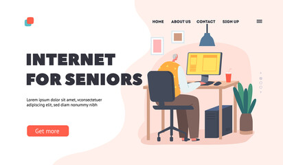 Internet for Seniors Landing Page Template. Grandpa Using New Technologies, Old Male Character Sit at Desk with Pc