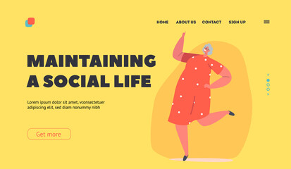 Maintaining a Social Life Landing Page Template. Old Woman Dance Leisure or Hobby. Cheerful Senior Pensioner Dancing