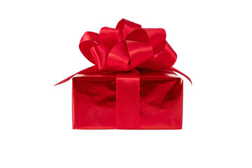 Red gift box with satin ribbon bow isolated on white.