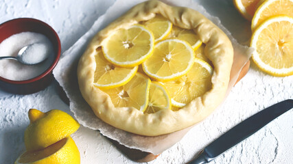 Lemon galette before baking. Preparing a galette with lemon.