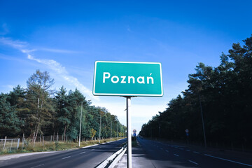 Poznan city limit road sign - Poznan is one of the largest cities in Poland.