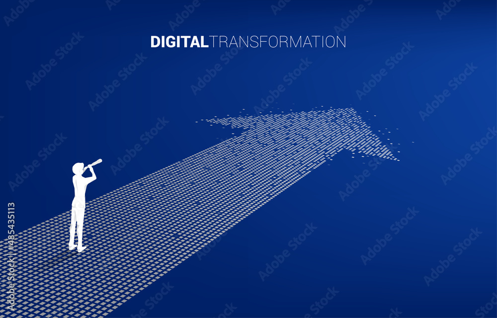 Poster silhouette of businessman and telescope standing on the arrow from pixel. concept of digital transfo