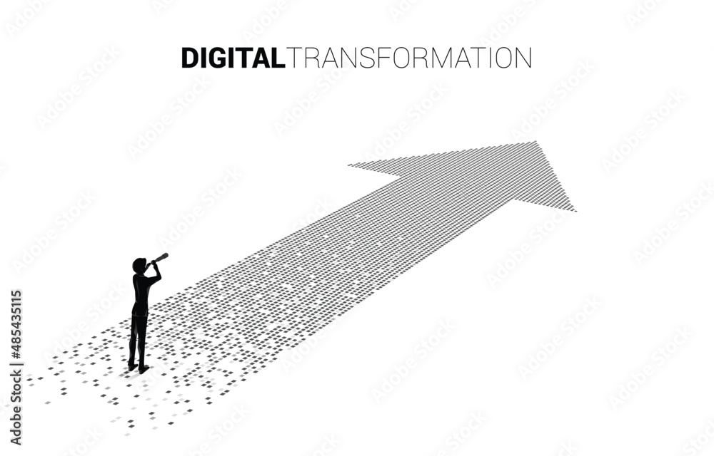 Poster silhouette of businessman and telescope standing on the arrow from pixel. concept of digital transfo