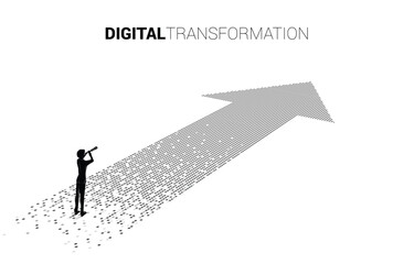 Silhouette of businessman and telescope standing on the arrow from pixel. concept of digital transformation of business.