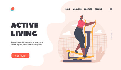 Active Living Landing Page Template. African Woman Running on Treadmill in House Yard. Girl in Sportswear Exercising