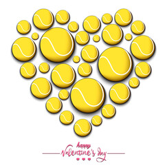 Happy Valentines Day. Heart made of tennis balls. Design pattern for greeting card, banner, poster, flyer, invitation party. Vector illustration on isolated background