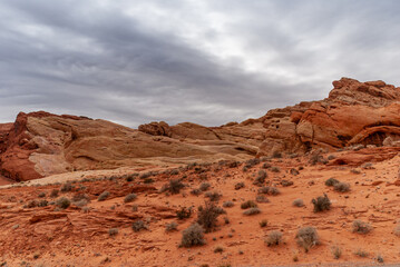 Overton, Nevada, USA - February 25, 2010: Valley of Fire. Heavy rainy gray cloudscape gathers over red rock mountainous outcrop rising out of dry red desert floor with greenish shrubs.