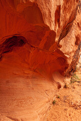 Overton, Nevada, USA - February 25, 2010: Valley of Fire. Closeup of red rock niche with overhanging stone curtains.