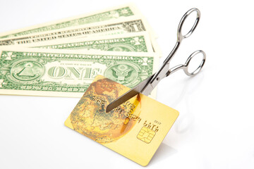 dollars, scissors and a credit card. business investment and customer service. banking. payment by terminal