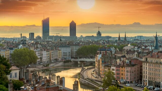 Lyon skyline aerial view at sunrise, lyon france city time lapse video in 4k skyscrapers old town view.