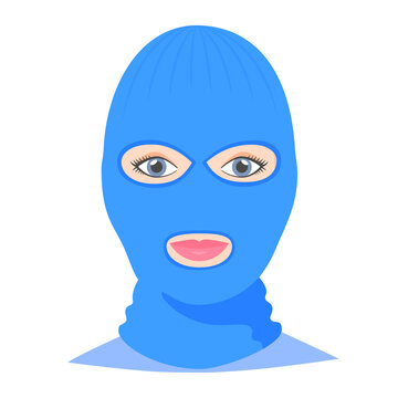 Woman wearing balaclava helmet. Trendy worm headgear for cold weather. Facial mask for the whole head to wear under helmet in flat style. Vector