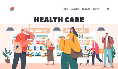 Health Care Landing Page Template. Characters Purchase Drugs in Pharmacy. Customers Walk along Shelves with Medications