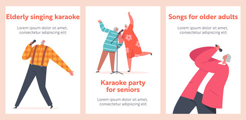 Old People Dancing and Singing in Karaoke Club Cartoon Banners. Senior Male and Female Characters Sing with Microphones