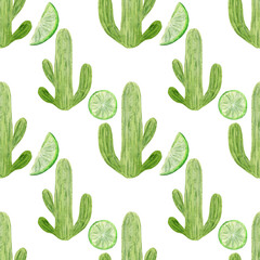 Watercolor pattern, cactus, lime slices on a white background. Seamless pattern in Mexican style, for festive products.