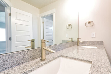 Double sink with rectagular undermount bowl and large mirror of bathroom