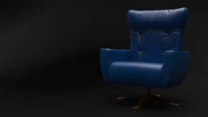 Luxury blue leather arm chair on black background under spot light. Concept image of player oath, strategy meeting and lonely struggle. 3D illustration. 3D CG.