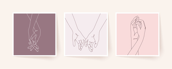 Set of one line holding hands. Valentine's day vector illustration.