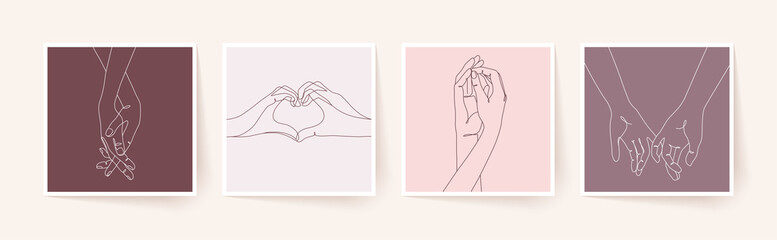 Set of one line holding hands. Valentine's day vector illustration.