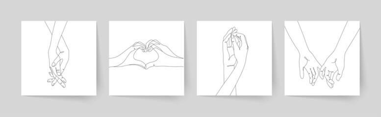 Set of one line holding hands. Valentine's day vector illustration.
