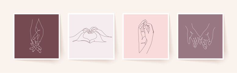 Set of one line holding hands. Valentine's day vector illustration.