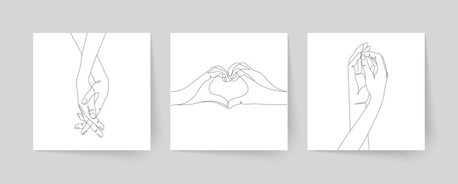 Set of one line holding hands. Valentine's day vector illustration.