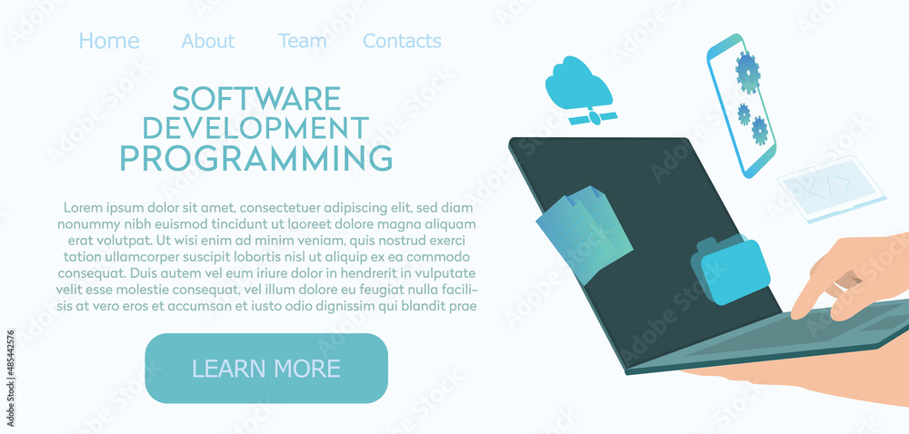 Wall mural software development and programming. program code, storage, filing on laptop screen. flat vector il