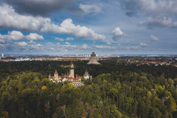 Chapel complex and Monument to the Battle of the Nations  - Skyline of Leipzig (Germany) Drone Aerial Shot