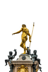 Golden statue of neptune, God of the sea. Roman mythology concept