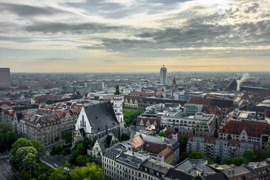 Leipzig Germany - Thomaskirche and Marketplace in Downtown - Drone Aerial Shot - Amazing sky and Skyline