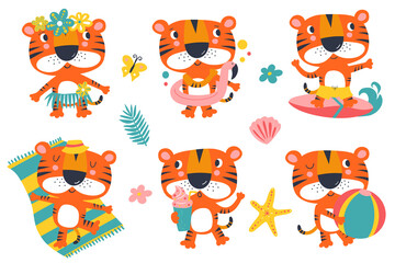 Fototapeta premium Set of cute cartoon tigers characters go on vacation.