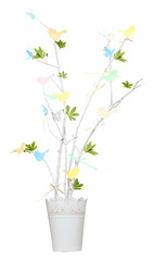Spring composition from white branches decorated with paper birds and green leaves isolated on white. Easter mood. Vase fist spring twig