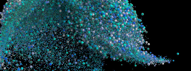 Abstract art with surreal growing splash fluid. Small colored foam balls bubbles particles in movement.