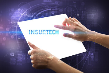 Hand holdig futuristic tablet , technology concept