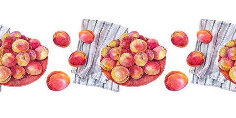 Seamless border watercolor apricot or peach on a plate with towel isolated on white background. Red yellow orange hand-drawn fruits. Sweet dessert summer food. Art for menu invitation card cafe