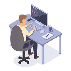 isometric guy programmer working at the computer, vector illustration