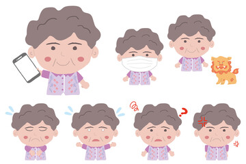 沖縄のかりゆしウェアを着た中年女性がいろいろなポーズをしている