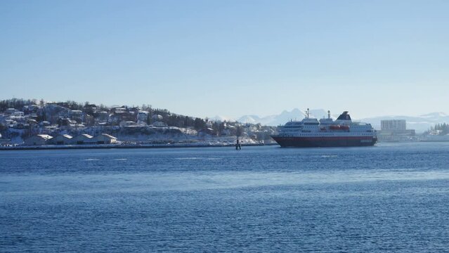 cruise service vessel Hurtigruten under the Finnsnes bridge, Troms
