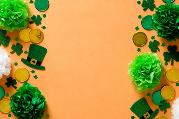 St Patricks Day banner design. Saint Patrick Day orange background with leprechaun hats, gold...