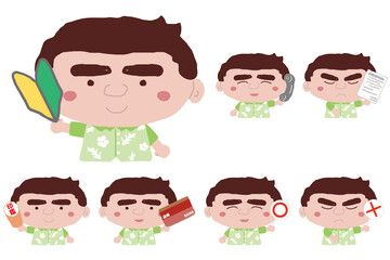 いろいろなポーズをする沖縄のかりゆしウェアを着た若い男性