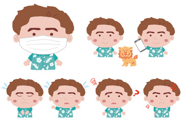 いろいろなポーズをする沖縄のかりゆしウェアを着た若い男性