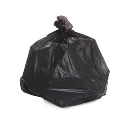 Black garbage bag full of trash on white background. Recycling rubbish