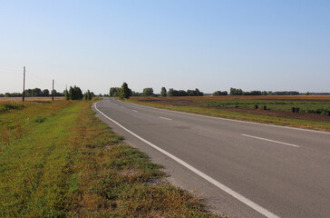 an empty road between fields, the passage of cars on a journey for a village in Siberia