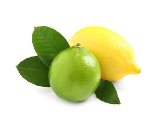 Fresh ripe lemon, lime and green leaves on white background